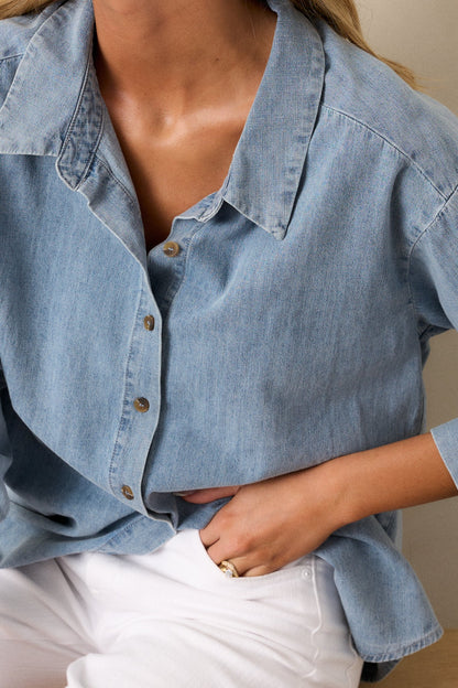 In Plain Sight Cotton Light Chambray Button Front Top