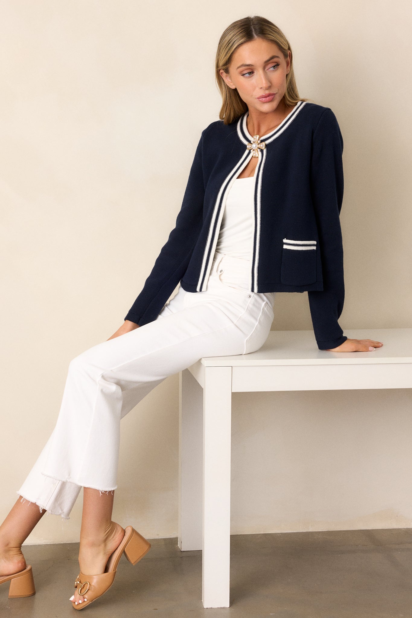 Cozy Meadow Cotton Navy Long Sleeve Knit Cardigan