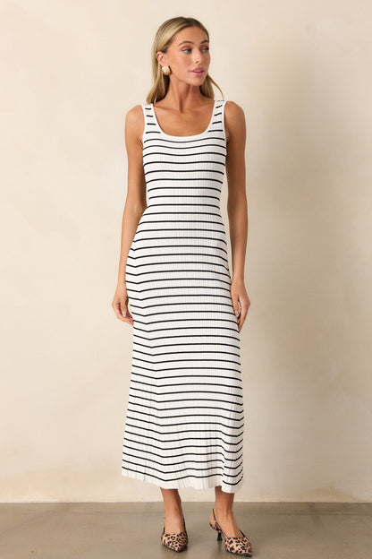 Classic Rhythm White Stripe Ribbed Maxi Dress
