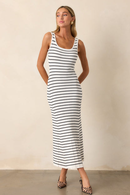 Classic Rhythm White Stripe Ribbed Maxi Dress