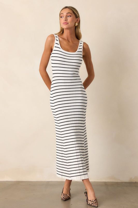 Classic Rhythm White Stripe Ribbed Maxi Dress