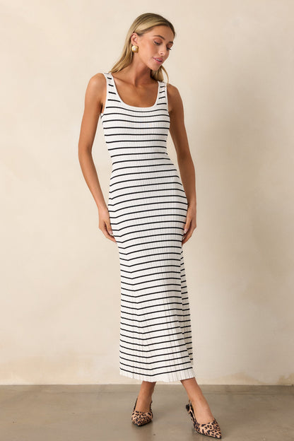 Classic Rhythm White Stripe Ribbed Maxi Dress