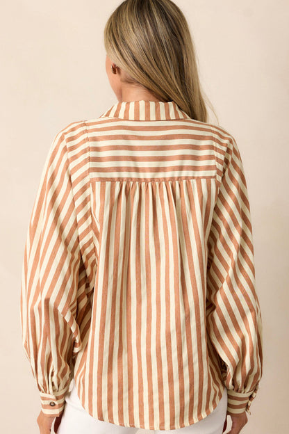 Bridge Over Water Tan Stripe Button Front Top