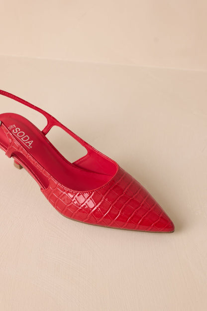 Fiercely Stunned Scarlet Red Crocodile Slingback Kitten Heels