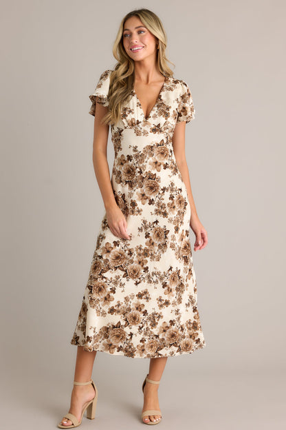 Finer Things Brown Floral Flutter Sleeve Maxi Dress