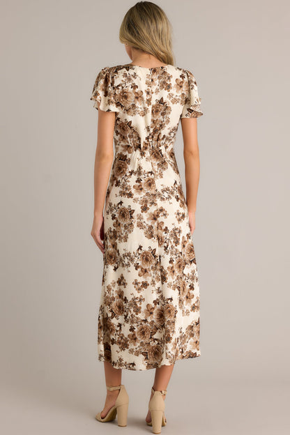 Finer Things Brown Floral Flutter Sleeve Maxi Dress