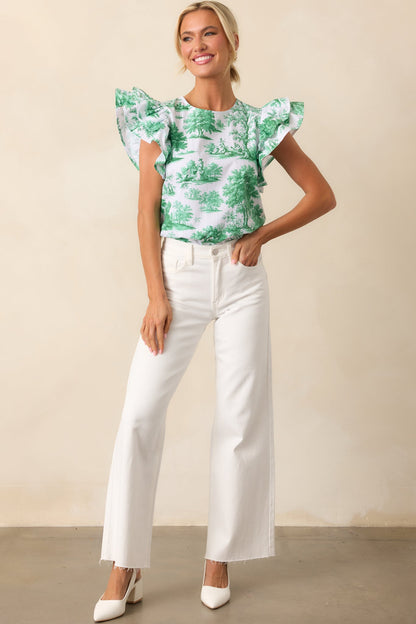 Avery Eden Green Toile Cotton Ruffle Top