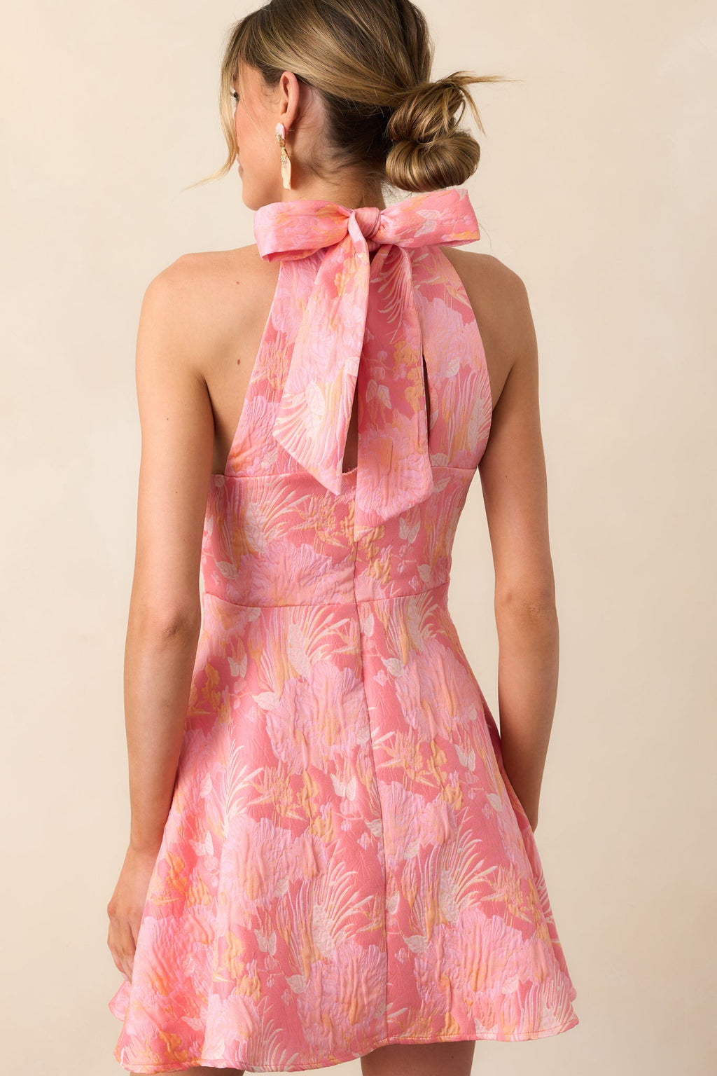 Always Ready Pink Coral Floral Print Jacquard Halter Mini Dress